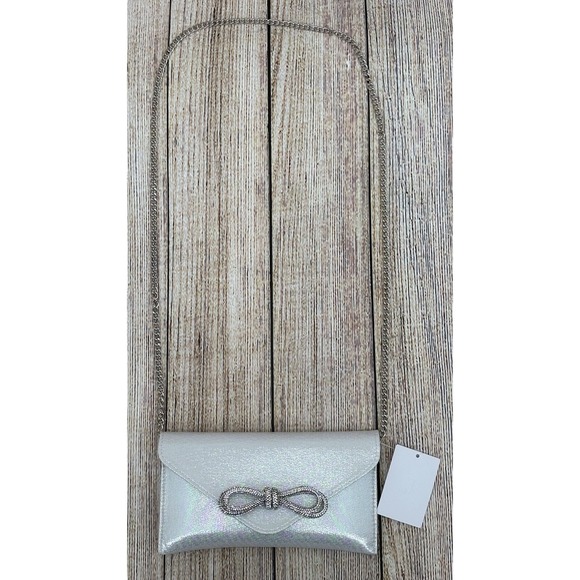 J Silver Iridescent Evening Clutch‎ Rhinestone Bow Detail Chain Strap NWT - Picture 1 of 7
